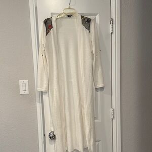 Long Cream Cardigan with Floral Accents